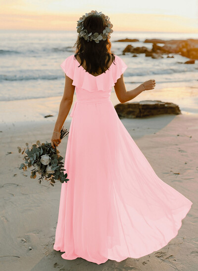 A-Line V-Neck Sleeveless Chiffon Asymmetrical Bridesmaid Dress With Bow(s)
