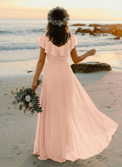 A-Line V-Neck Sleeveless Chiffon Asymmetrical Bridesmaid Dress With Bow(s)