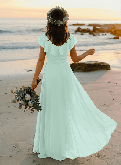 A-Line V-Neck Sleeveless Chiffon Asymmetrical Bridesmaid Dress With Bow(s)