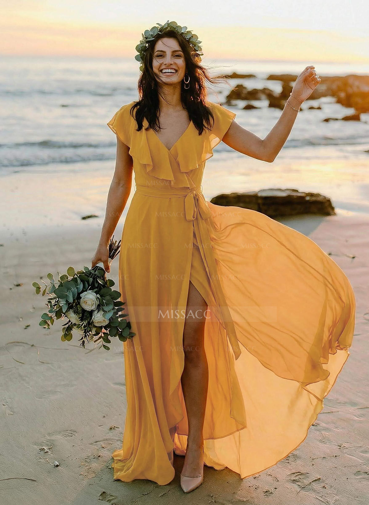 A-Line V-Neck Sleeveless Chiffon Asymmetrical Bridesmaid Dress With Bow(s)
