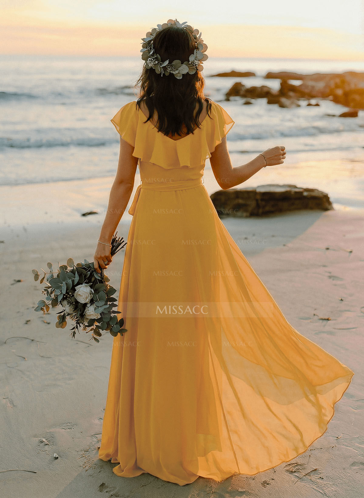 A-Line V-Neck Sleeveless Chiffon Asymmetrical Bridesmaid Dress With Bow(s)