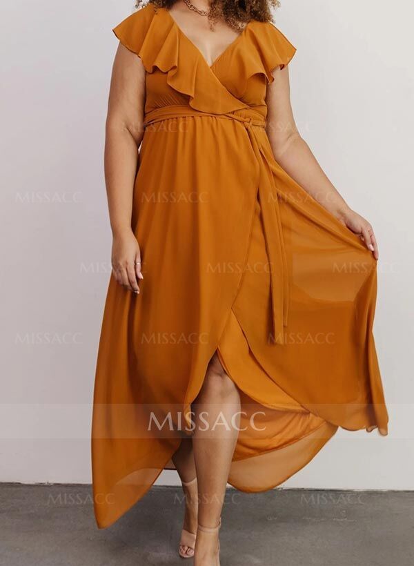 A-Line V-Neck Sleeveless Chiffon Asymmetrical Bridesmaid Dress With Bow(s)