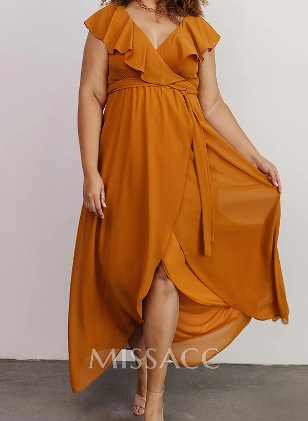 A-Line V-Neck Sleeveless Chiffon Asymmetrical Bridesmaid Dress With Bow(s) A-Line V-Neck Sleeveless Chiffon Asymmetrical Bridesmaid Dress With Bow(s)