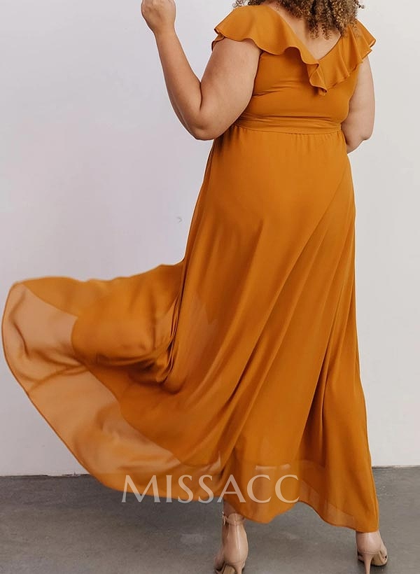 A-Line V-Neck Sleeveless Chiffon Asymmetrical Bridesmaid Dress With Bow(s) A-Line V-Neck Sleeveless Chiffon Asymmetrical Bridesmaid Dress With Bow(s)