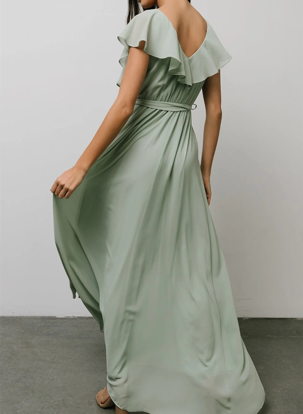 A-Line V-neck Sleeveless Chiffon Asymmetrical Bridesmaid Dress With Bow(s)