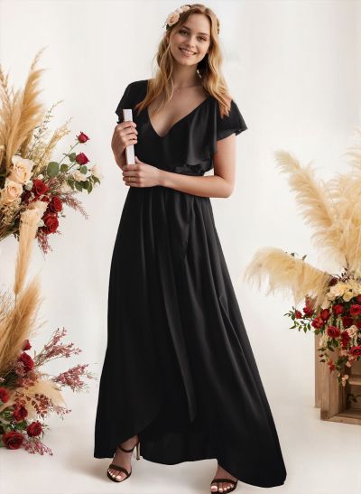 A-Line V-Neck Sleeveless Chiffon Asymmetrical Bridesmaid Dress With Bow(s)