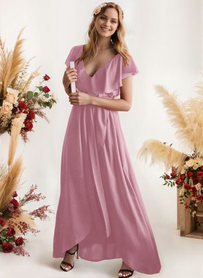 A-Line V-Neck Sleeveless Chiffon Asymmetrical Bridesmaid Dress With Bow(s)