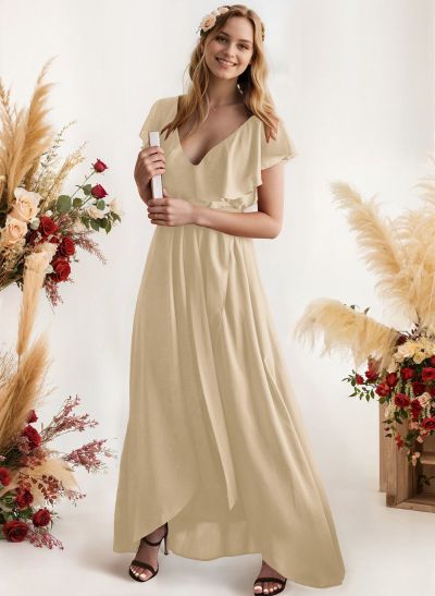 A-Line V-Neck Sleeveless Chiffon Asymmetrical Bridesmaid Dress With Bow(s)