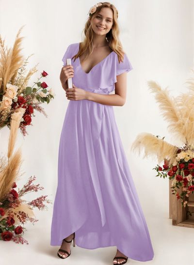 A-Line V-Neck Sleeveless Chiffon Asymmetrical Bridesmaid Dress With Bow(s)