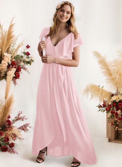 A-Line V-Neck Sleeveless Chiffon Asymmetrical Bridesmaid Dress With Bow(s)