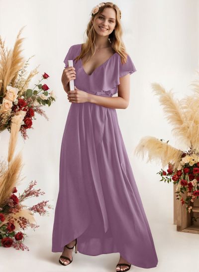 A-Line V-Neck Sleeveless Chiffon Asymmetrical Bridesmaid Dress With Bow(s)