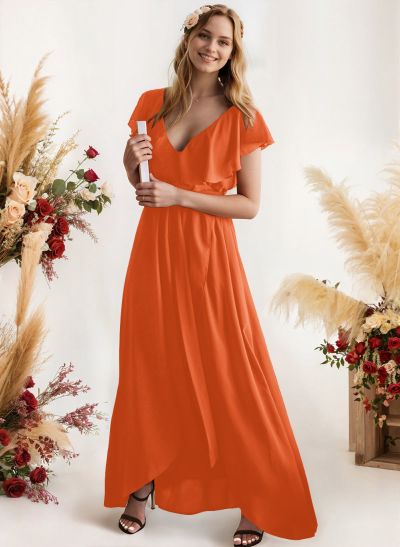 A-Line V-Neck Sleeveless Chiffon Asymmetrical Bridesmaid Dress With Bow(s)