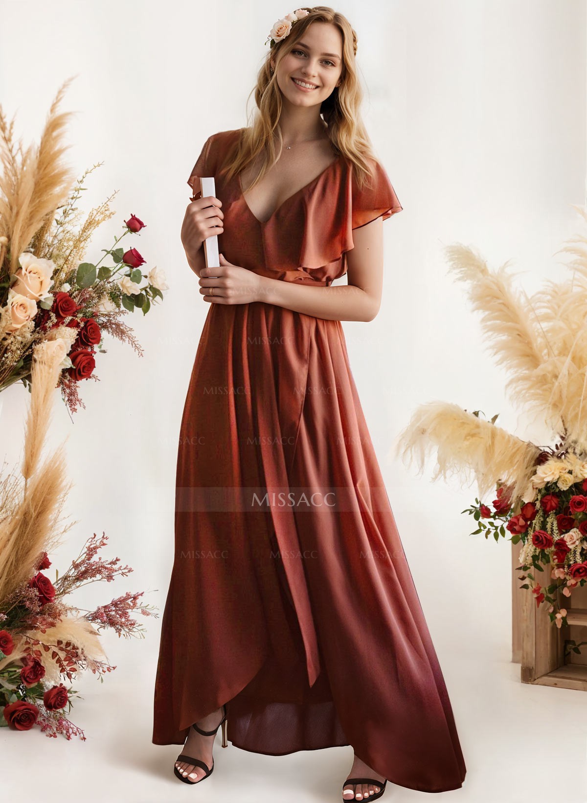 A-Line V-Neck Sleeveless Chiffon Asymmetrical Bridesmaid Dress With Bow(s)