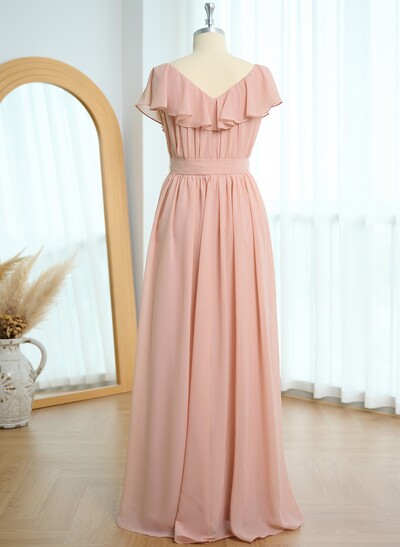A-Line V-Neck Sleeveless Chiffon Asymmetrical Bridesmaid Dress With Bow(s)