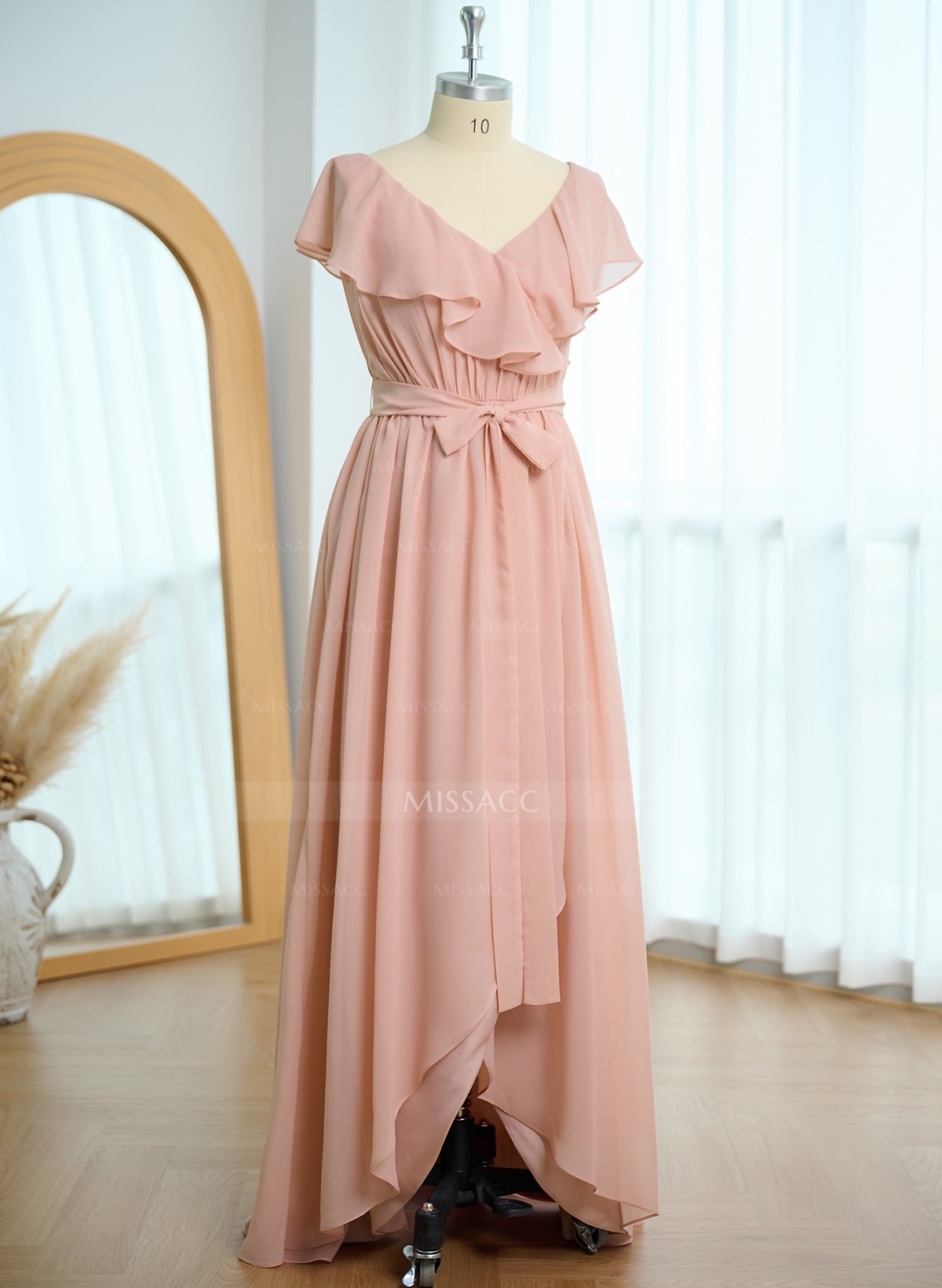 A-Line V-Neck Sleeveless Chiffon Asymmetrical Bridesmaid Dress With Bow(s)