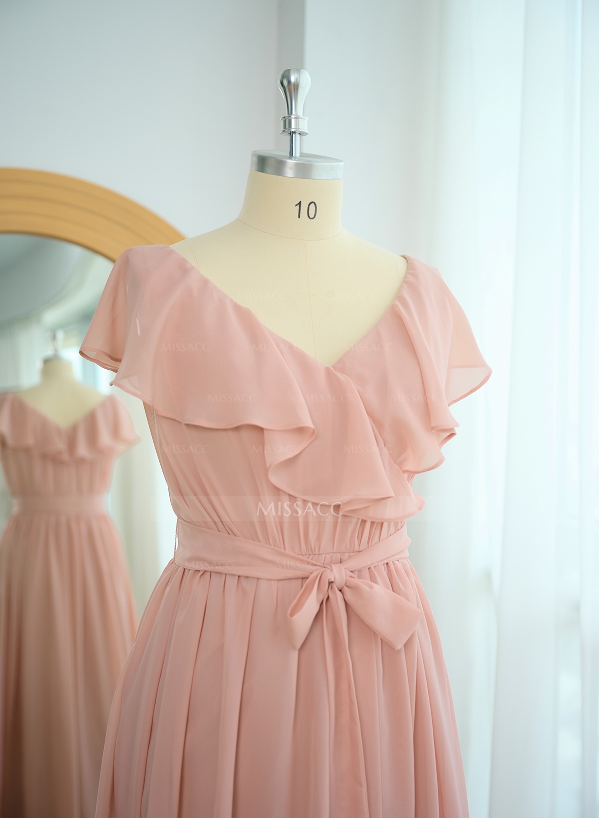 A-Line V-Neck Sleeveless Chiffon Asymmetrical Bridesmaid Dress With Bow(s)