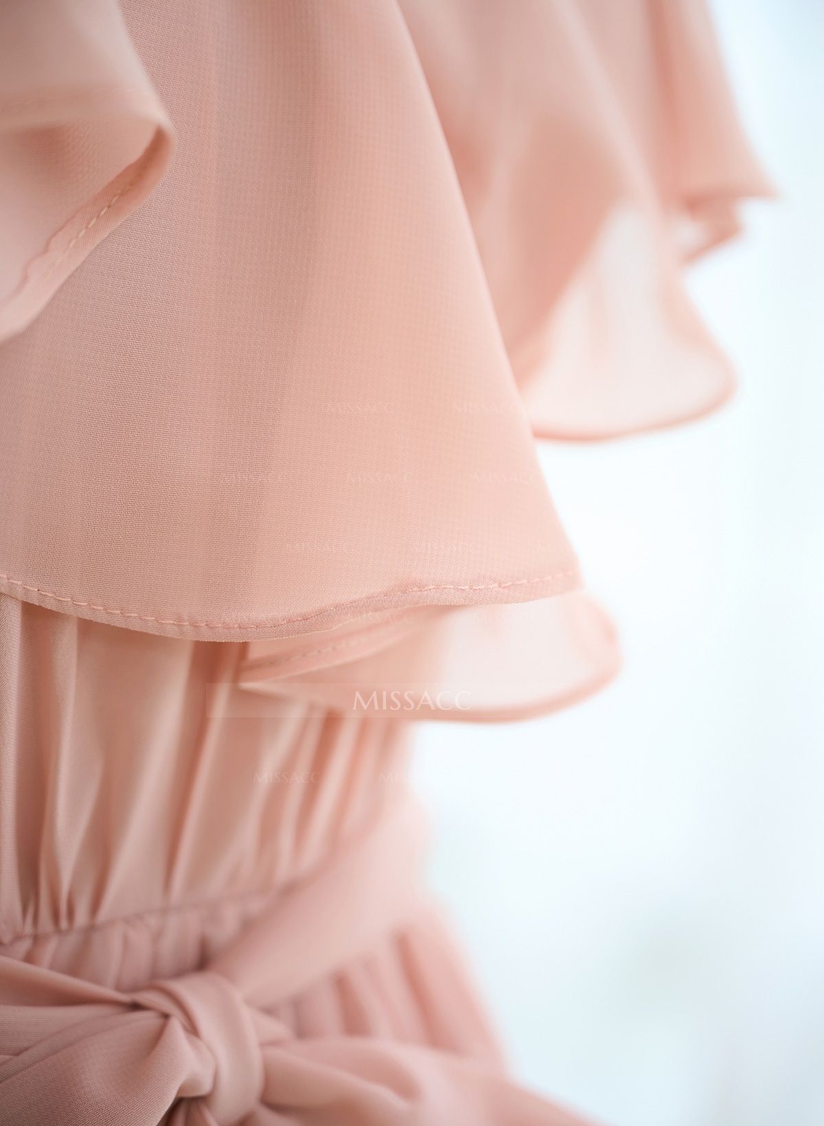 A-Line V-Neck Sleeveless Chiffon Asymmetrical Bridesmaid Dress With Bow(s)