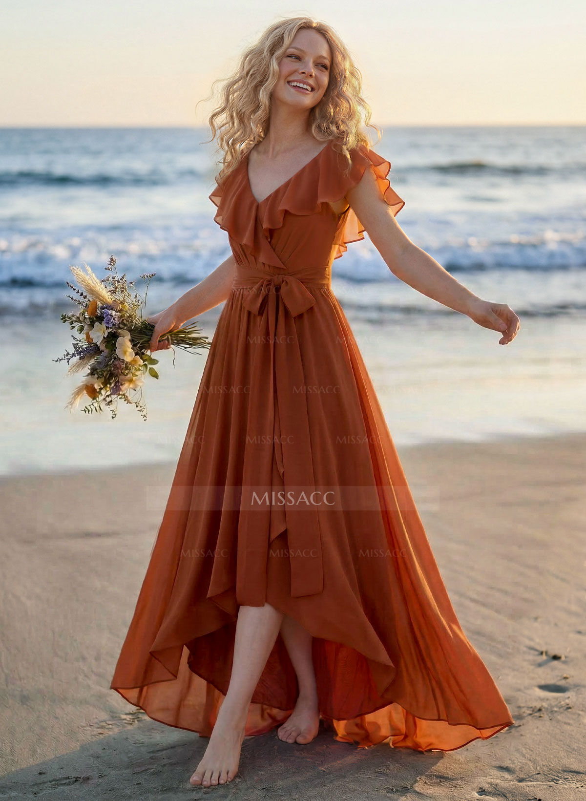 A-Line V-Neck Sleeveless Chiffon Asymmetrical Bridesmaid Dress With Bow(s)
