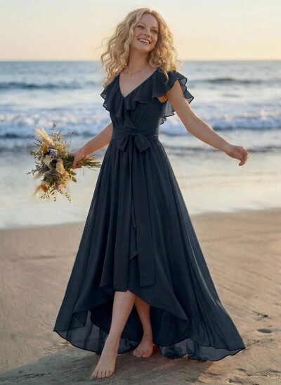 A-Line V-Neck Sleeveless Chiffon Asymmetrical Bridesmaid Dress With Bow(s)