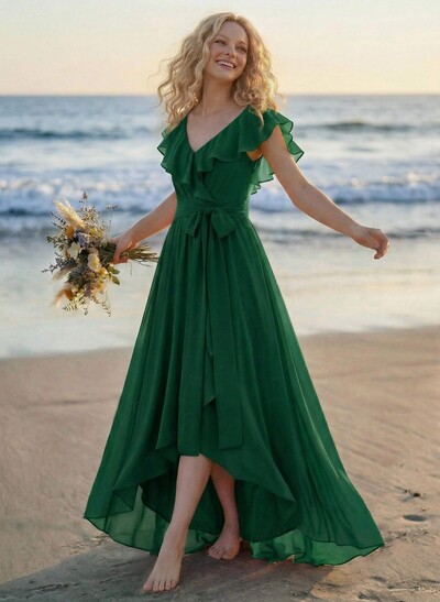 A-Line V-Neck Sleeveless Chiffon Asymmetrical Bridesmaid Dress With Bow(s)