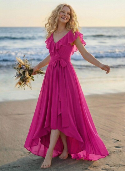 A-Line V-Neck Sleeveless Chiffon Asymmetrical Bridesmaid Dress With Bow(s)