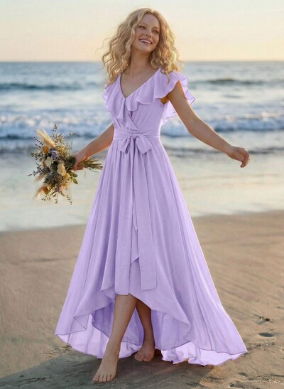 A-Line V-Neck Sleeveless Chiffon Asymmetrical Bridesmaid Dress With Bow(s)