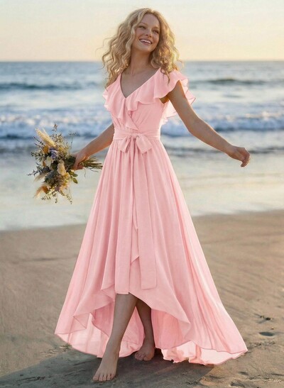 A-Line V-Neck Sleeveless Chiffon Asymmetrical Bridesmaid Dress With Bow(s)
