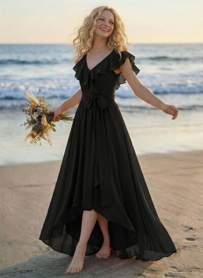 A-Line V-Neck Sleeveless Chiffon Asymmetrical Bridesmaid Dress With Bow(s)