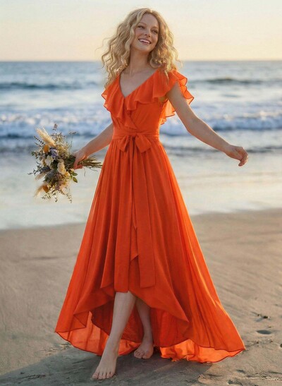 A-Line V-Neck Sleeveless Chiffon Asymmetrical Bridesmaid Dress With Bow(s)
