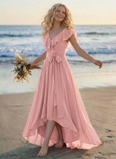 A-Line V-Neck Sleeveless Chiffon Asymmetrical Bridesmaid Dress With Bow(s)