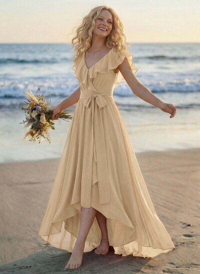 A-Line V-Neck Sleeveless Chiffon Asymmetrical Bridesmaid Dress With Bow(s)