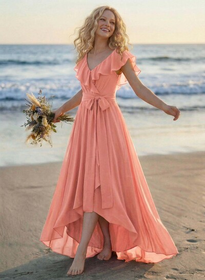 A-Line V-Neck Sleeveless Chiffon Asymmetrical Bridesmaid Dress With Bow(s)