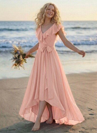 A-Line V-Neck Sleeveless Chiffon Asymmetrical Bridesmaid Dress With Bow(s)