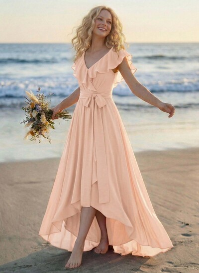 A-Line V-Neck Sleeveless Chiffon Asymmetrical Bridesmaid Dress With Bow(s)