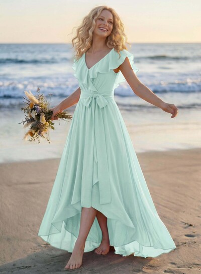 A-Line V-Neck Sleeveless Chiffon Asymmetrical Bridesmaid Dress With Bow(s)