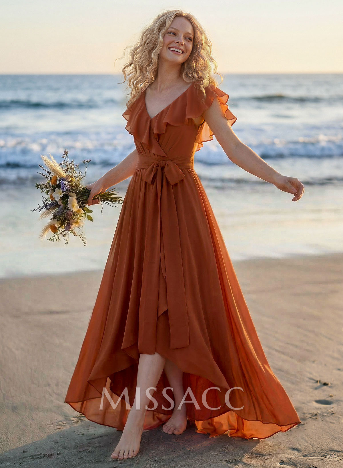 A-Line V-Neck Sleeveless Chiffon Asymmetrical Bridesmaid Dress With Bow(s) A-Line V-Neck Sleeveless Chiffon Asymmetrical Bridesmaid Dress With Bow(s)
