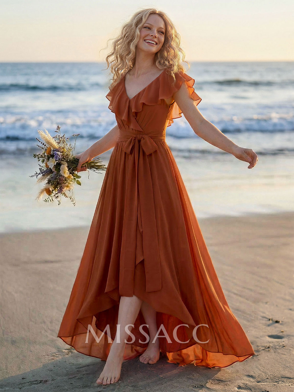A-Line V-Neck Sleeveless Chiffon Asymmetrical Bridesmaid Dress With Bow(s)