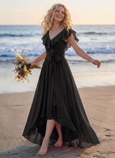 A-Line V-Neck Sleeveless Chiffon Asymmetrical Bridesmaid Dress With Bow(s)