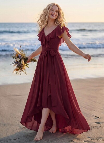 A-Line V-Neck Sleeveless Chiffon Asymmetrical Bridesmaid Dress With Bow(s)