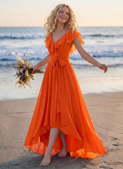 A-Line V-Neck Sleeveless Chiffon Asymmetrical Bridesmaid Dress With Bow(s)