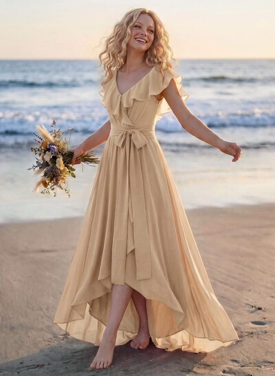 A-Line V-Neck Sleeveless Chiffon Asymmetrical Bridesmaid Dress With Bow(s)