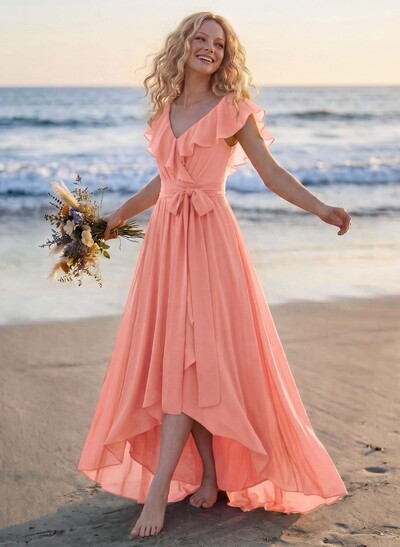 A-Line V-Neck Sleeveless Chiffon Asymmetrical Bridesmaid Dress With Bow(s)
