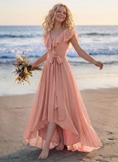A-Line V-Neck Sleeveless Chiffon Asymmetrical Bridesmaid Dress With Bow(s)