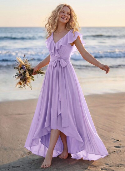 A-Line V-Neck Sleeveless Chiffon Asymmetrical Bridesmaid Dress With Bow(s)