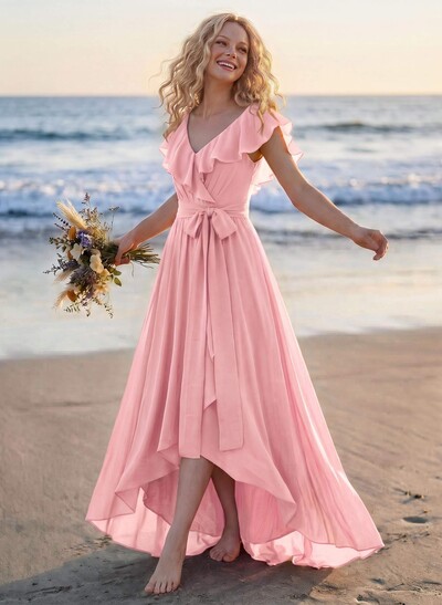 A-Line V-Neck Sleeveless Chiffon Asymmetrical Bridesmaid Dress With Bow(s)