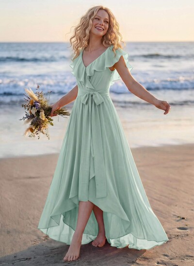 A-Line V-Neck Sleeveless Chiffon Asymmetrical Bridesmaid Dress With Bow(s)