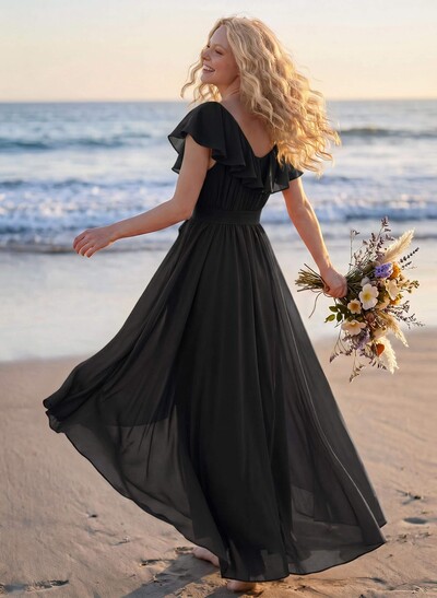A-Line V-Neck Sleeveless Chiffon Asymmetrical Bridesmaid Dress With Bow(s)