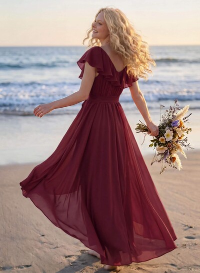 A-Line V-Neck Sleeveless Chiffon Asymmetrical Bridesmaid Dress With Bow(s)