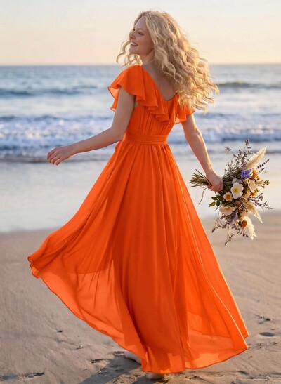 A-Line V-Neck Sleeveless Chiffon Asymmetrical Bridesmaid Dress With Bow(s)
