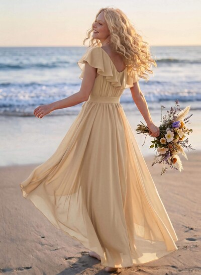 A-Line V-Neck Sleeveless Chiffon Asymmetrical Bridesmaid Dress With Bow(s)